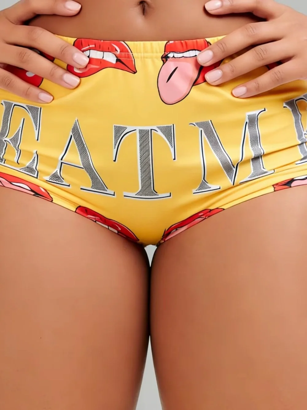 Yellow Lip Print High-Waist Women’s Shorts